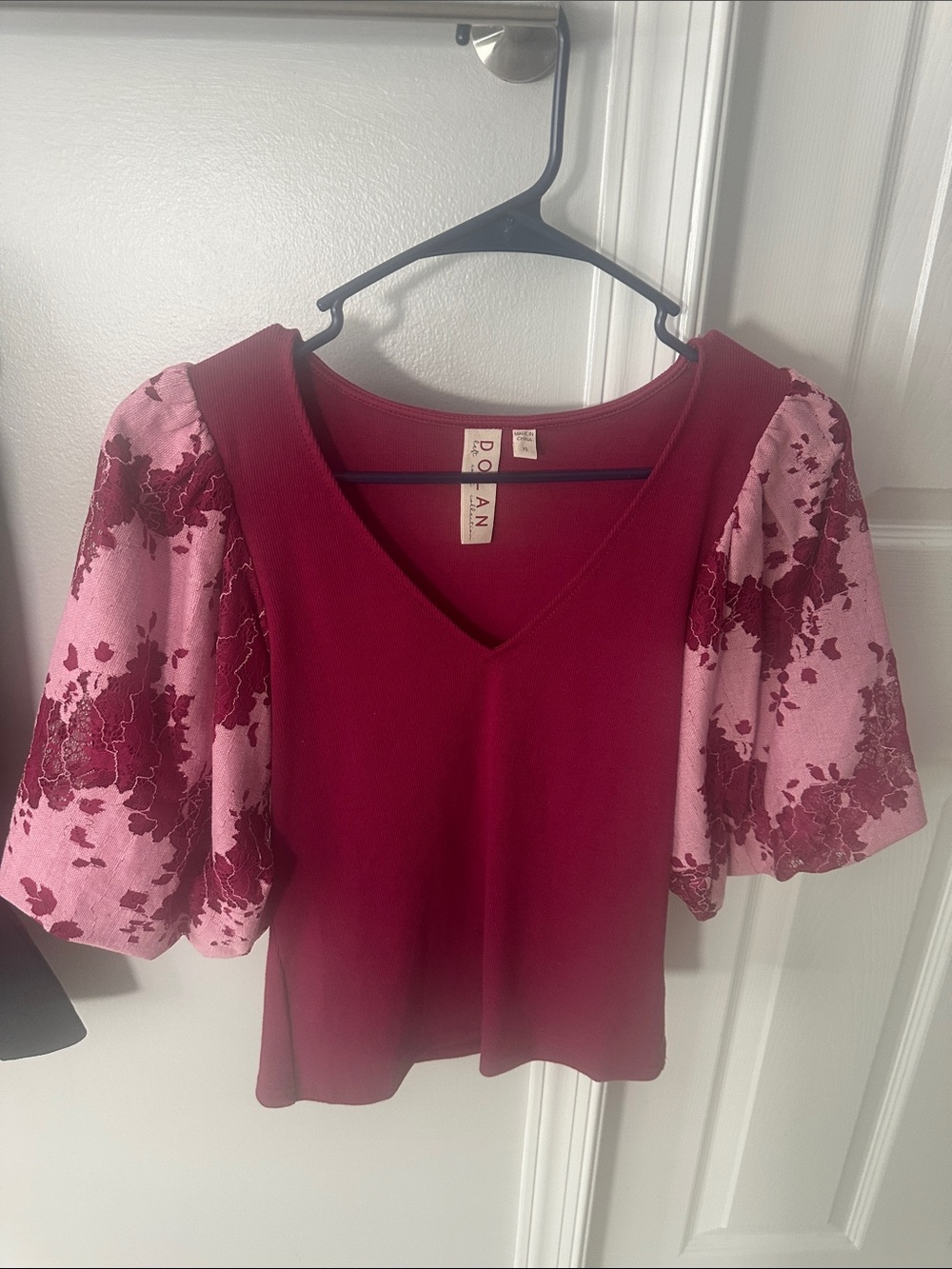 dolan Crimson V-Neck Top with Pink Floral Puff Sleeves